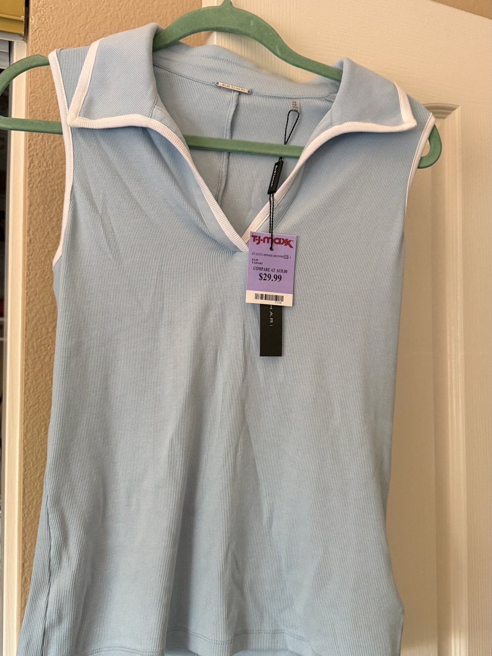 Elie Tahari Light Blue Sleeveless Polo Tank with White Trim